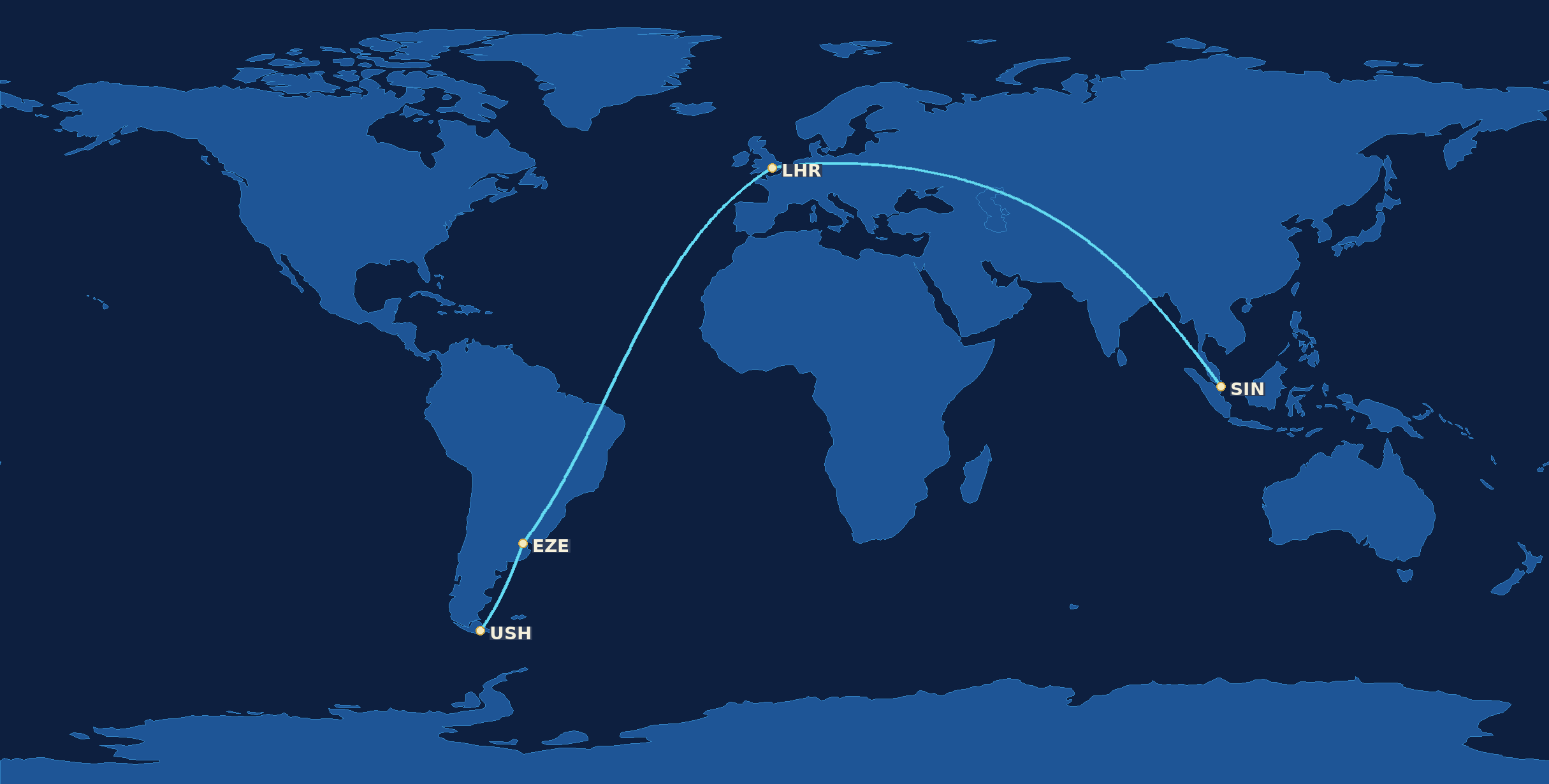 Great Circle Route: SIN-LHR-EZE-USH